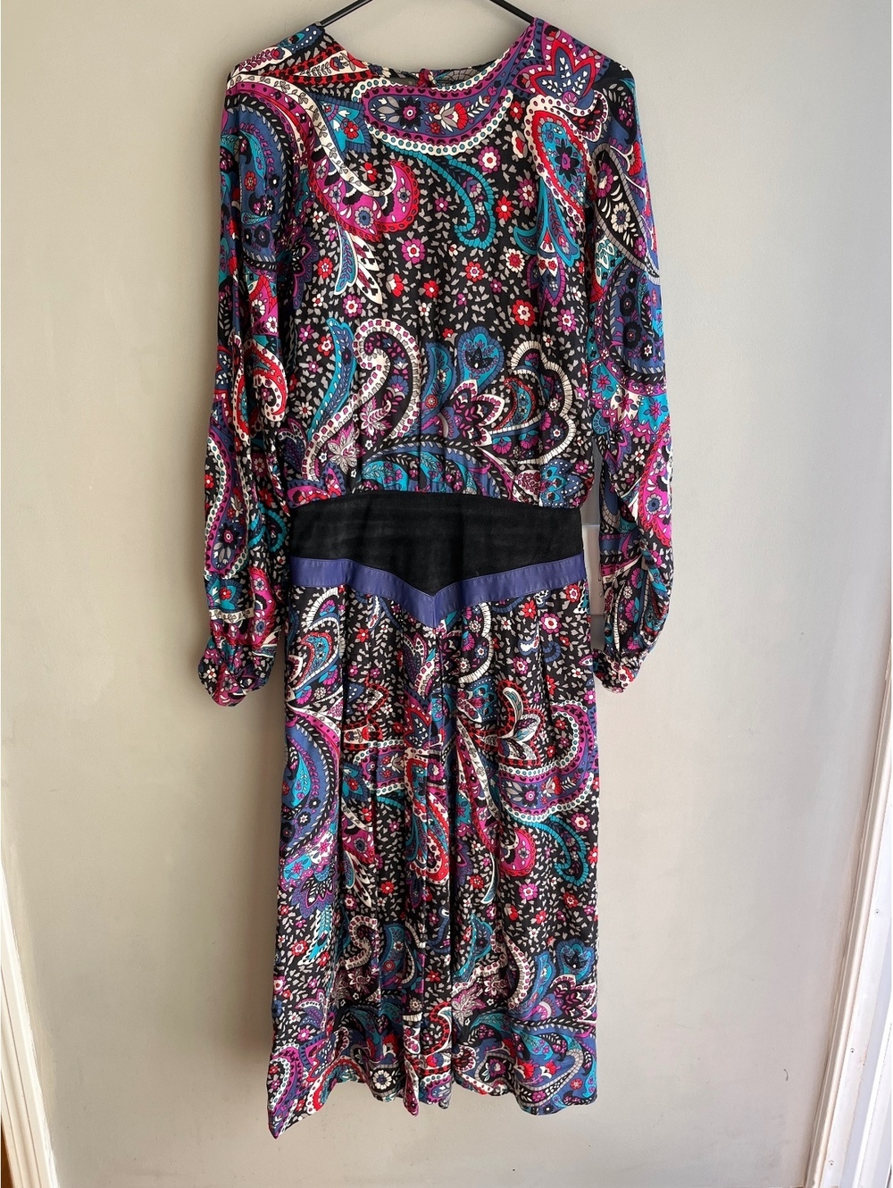 Vintage 1980s B.G. Street Paisley Midi Dress Black Pink Turquoise Blouson M/L